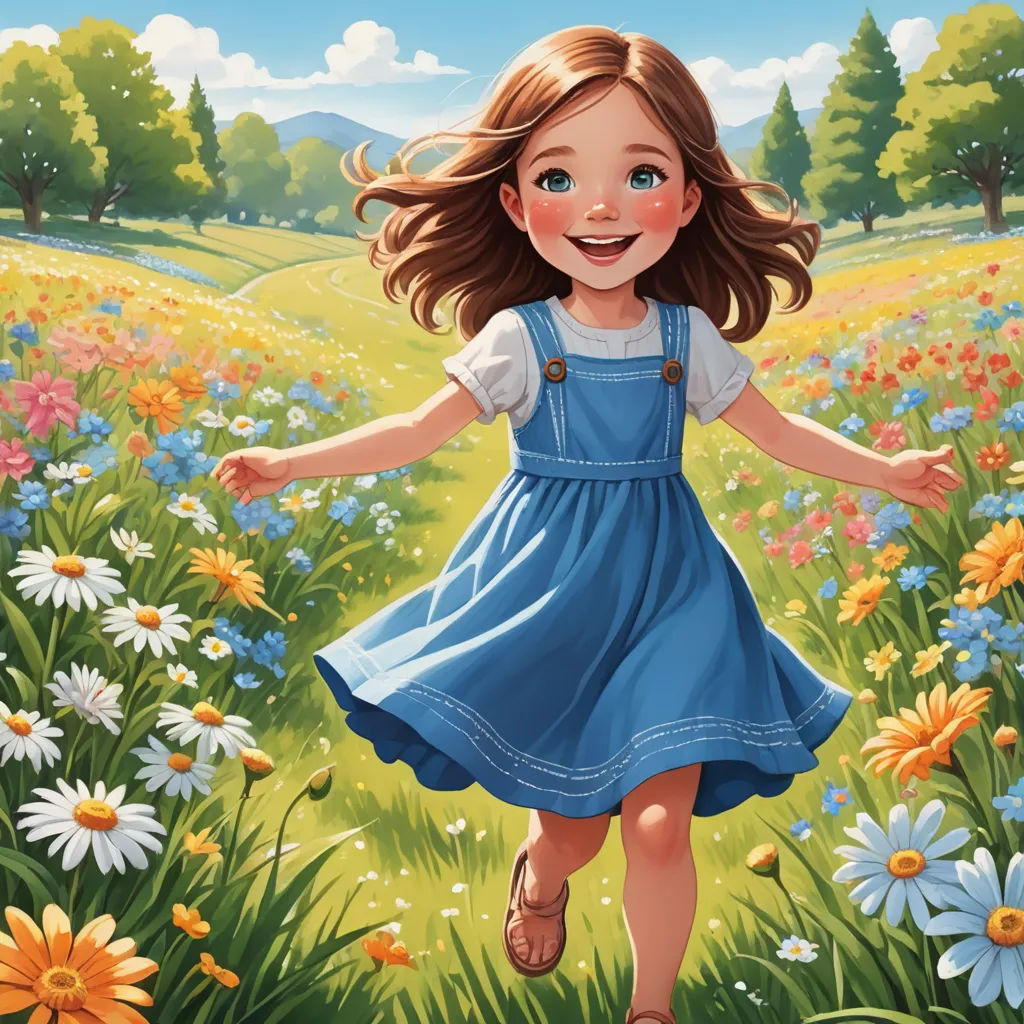 a girl in a blue dress is running through a field of flowers and daisies with a smile on her face, naive art, a storybook illustration, Alice Prin, storybook illustration