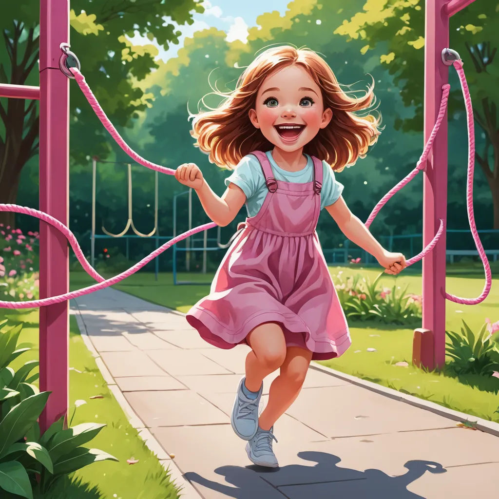 a girl running through a park on a pink rope swing set with a pink bow on her head and a pink dress on, american scene painting, a storybook illustration, Chris LaBrooy, trending on art station