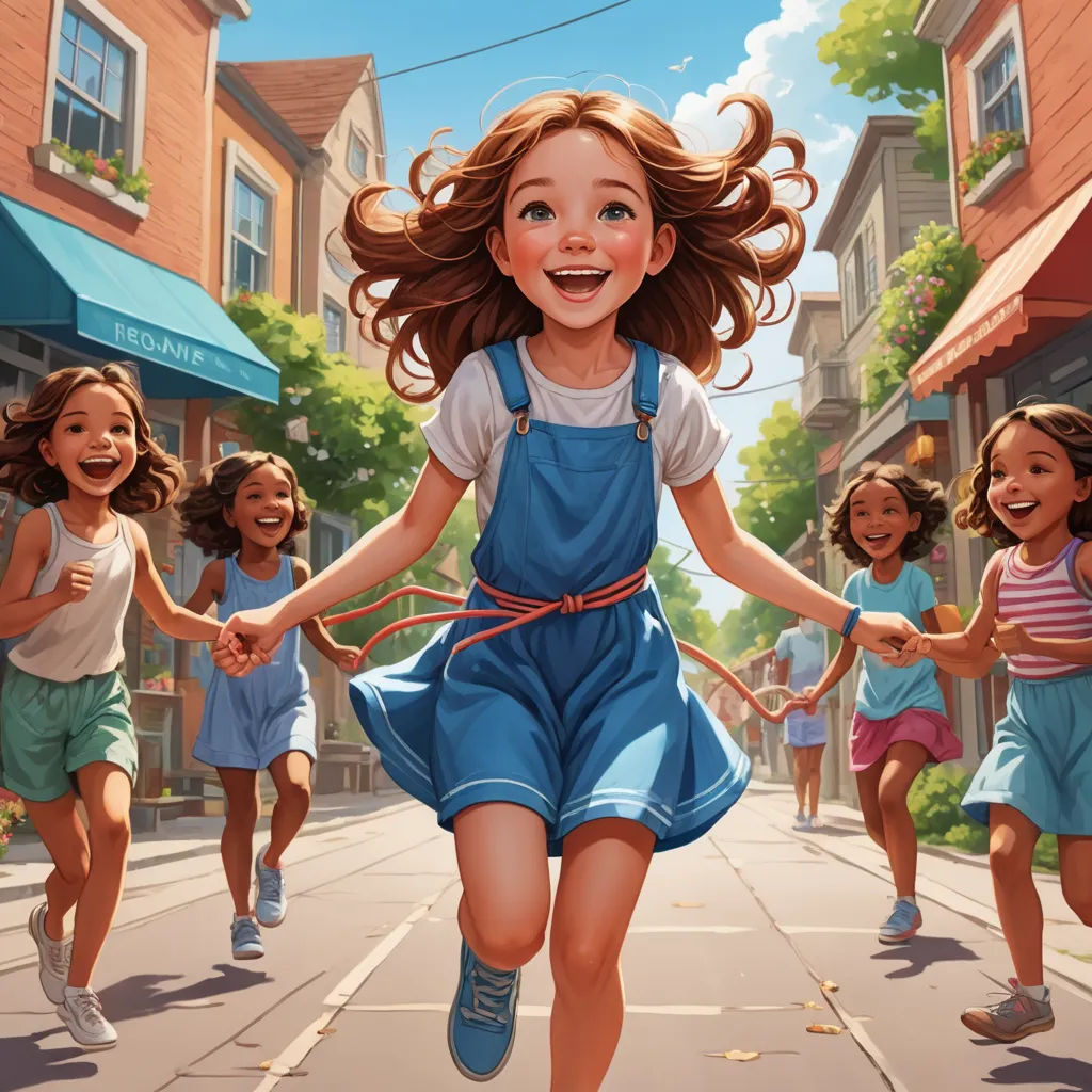 a girl in a blue dress is running with her friends on a city street with a red leash in her hand, american scene painting, a storybook illustration, Bob Byerley, trending on art station