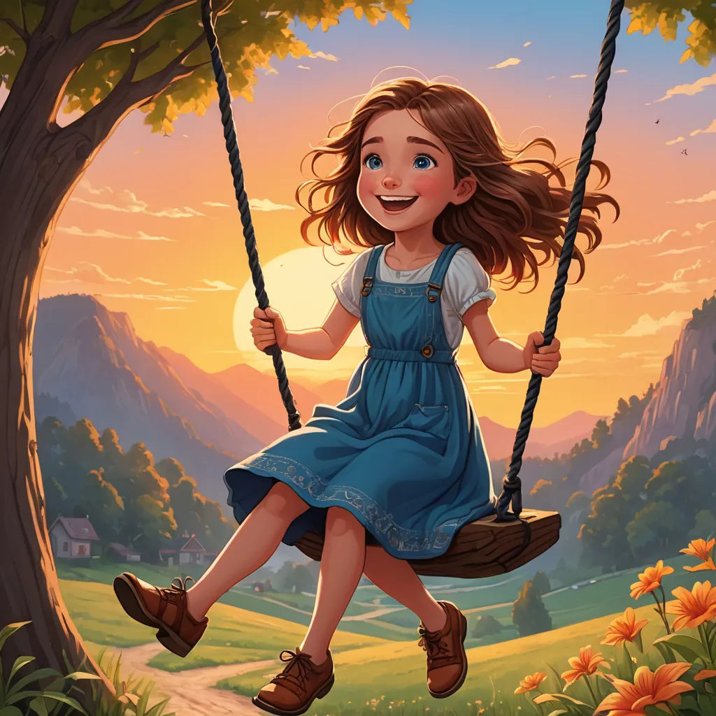 a girl is swinging on a swing in a tree with a sunset in the background and a mountain in the background, fantasy art, a storybook illustration, Cyril Rolando, trending on art station