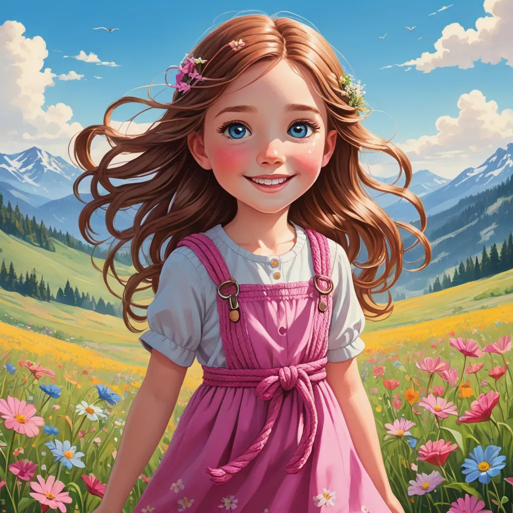 a painting of a girl in a field of flowers with mountains in the background and a sky with clouds, naive art, a storybook illustration, Alice Prin, highly detailed digital painting
