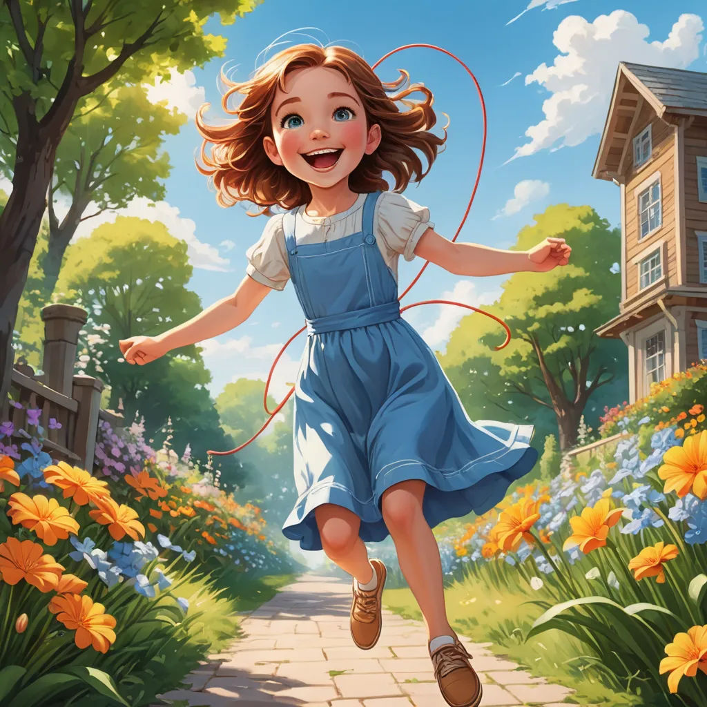 a girl in a blue dress is running through a flower garden with a skipping rope in her hand and a house in the background, altermodern, a storybook illustration, Chris Rallis, rossdraws global illumination