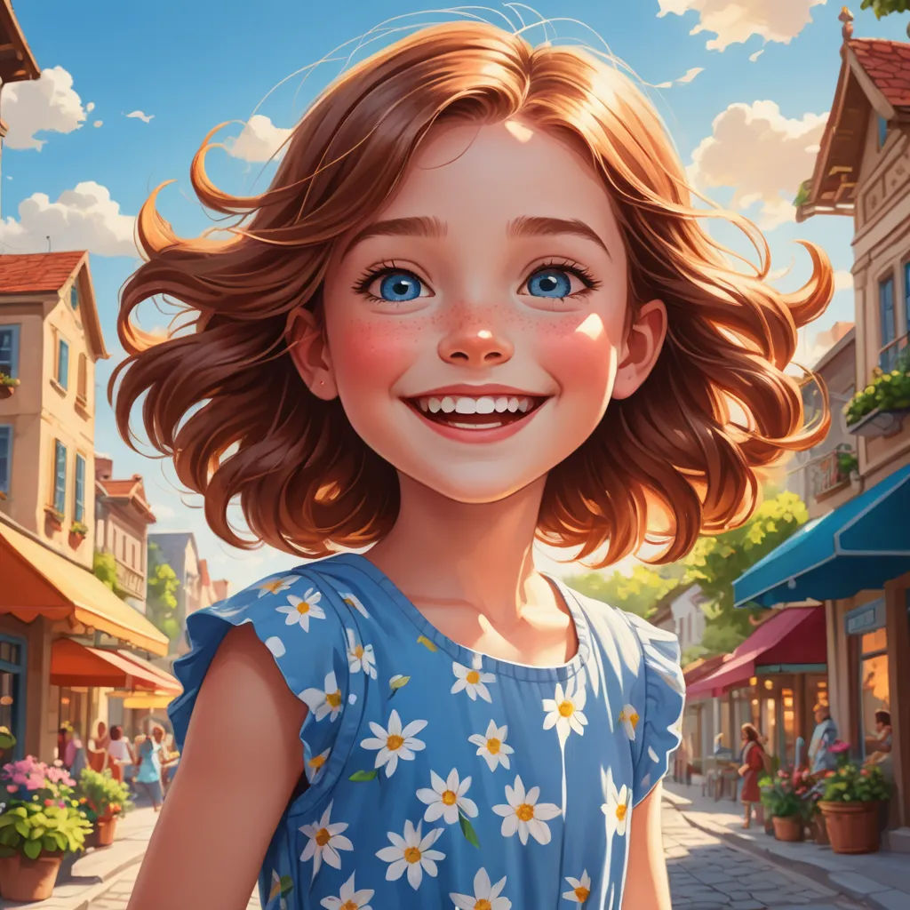 a painting of a girl with a blue dress on a street with buildings and flowers in the background and a sky with clouds, american scene painting, a storybook illustration, Cliff Childs, trending on art station