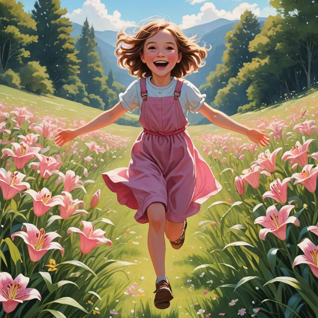 a painting of a girl running through a field of flowers with her arms outstretched in the air and smiling, altermodern, a storybook illustration, Bob Byerley, official art