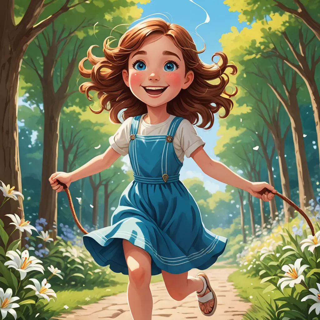 a girl running through a forest with a stick in her hand and a smile on her face, with a blue dress and white shoes, fantasy art, a storybook illustration, Cliff Childs, trending on art station