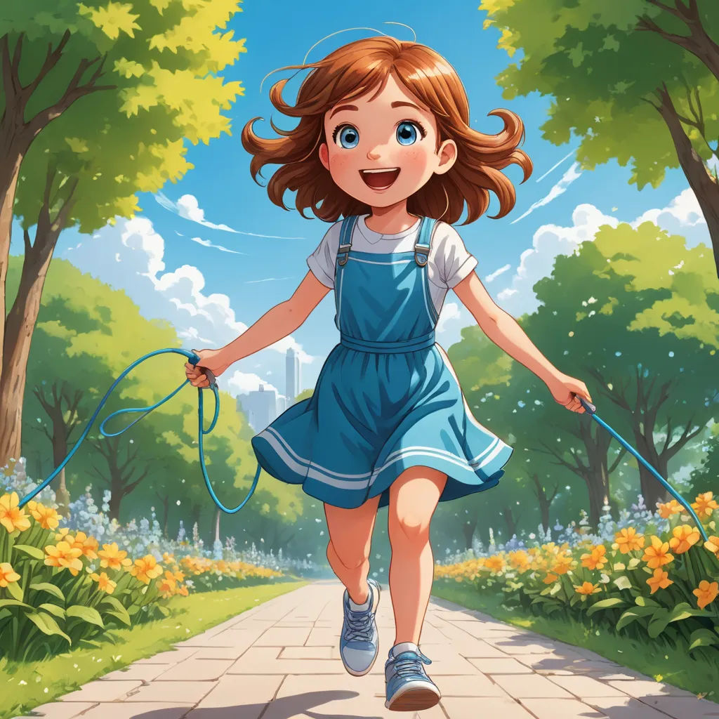 a girl in a blue dress is running with a dog in a park with flowers and trees on either side of the path, lyco art, an ultrafine detailed painting, Alice Prin, official art
