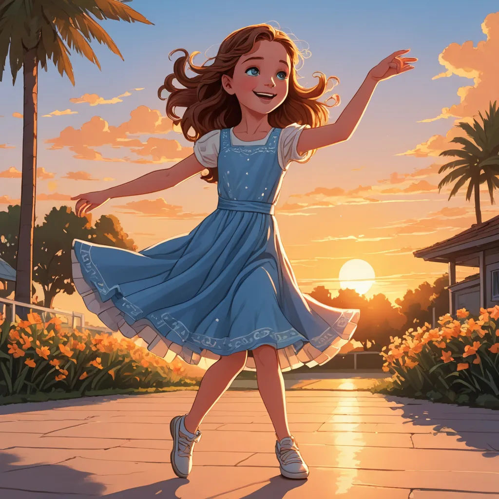 a girl in a blue dress is dancing on a sidewalk at sunset with palm trees and flowers in the background, magic realism, a storybook illustration, Brothers Hildebrandt, rossdraws global illumination