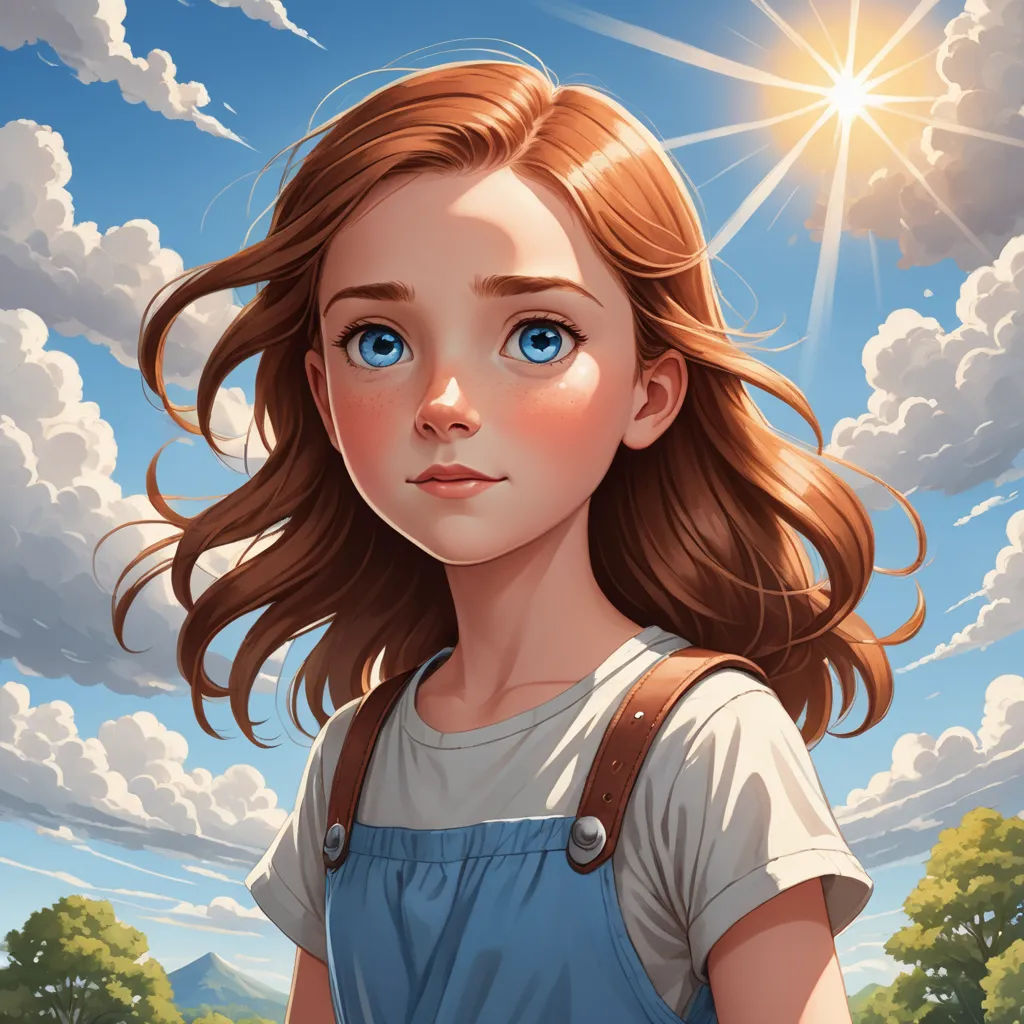 a painting of a girl with long hair and blue eyes standing in a field with trees and clouds in the background, fantasy art, a detailed painting, Artgerm, trending on art station