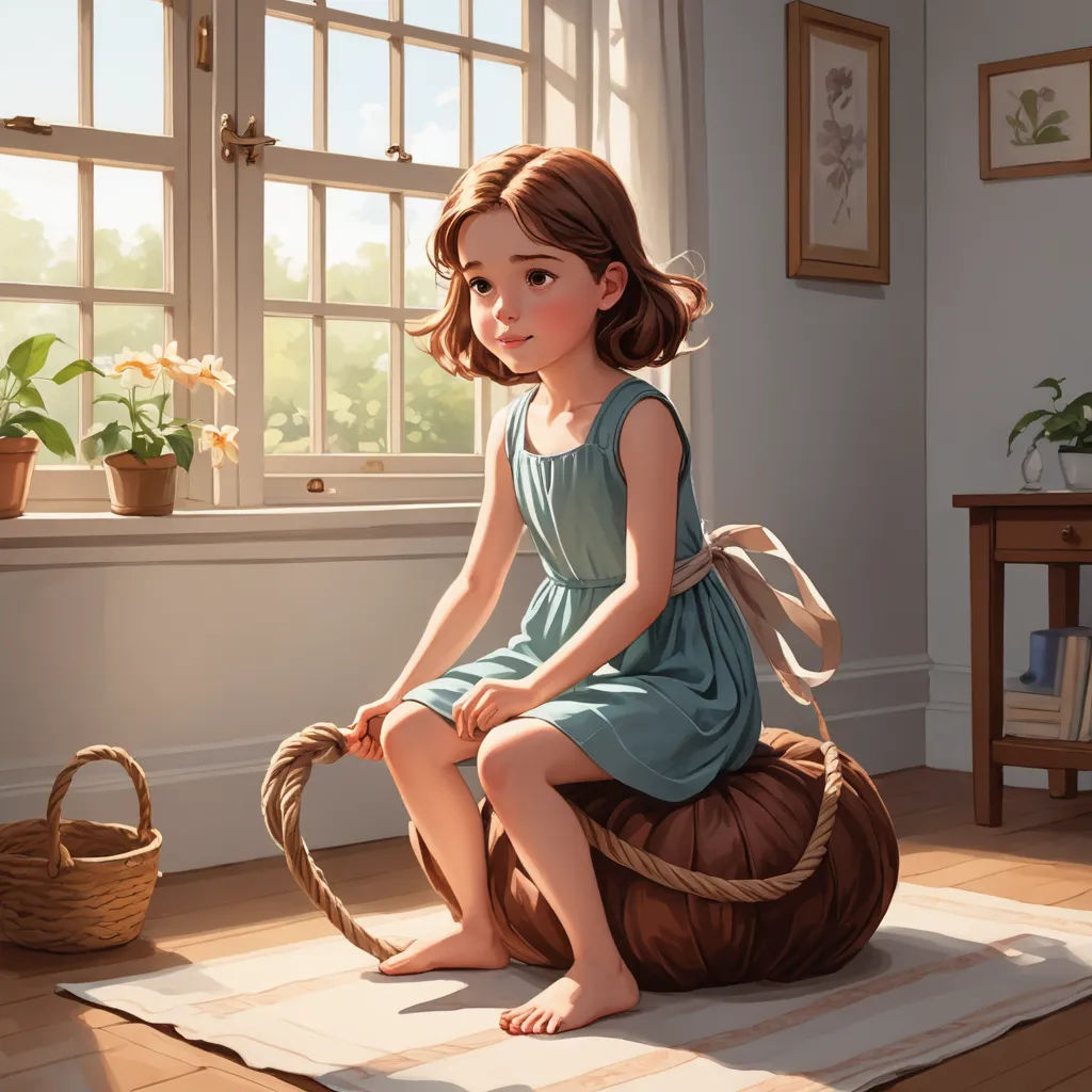 a painting of a girl sitting on a mat in a room with a window and a basket on the floor, photorealism, a storybook illustration, Clarice Beckett, cgstudio