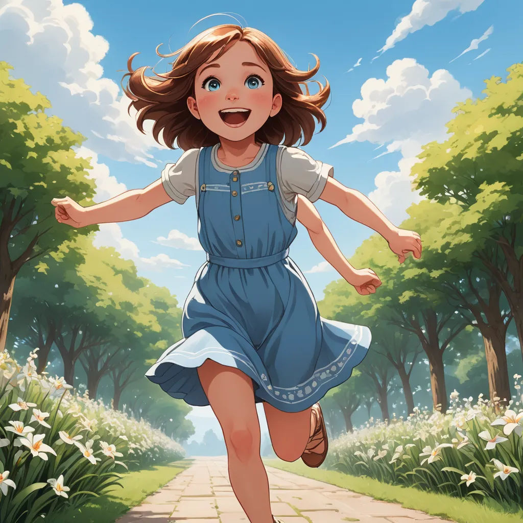 a girl running down a path in a park with flowers and trees in the background, with a sky background, altermodern, a storybook illustration, Alice Prin, rossdraws global illumination