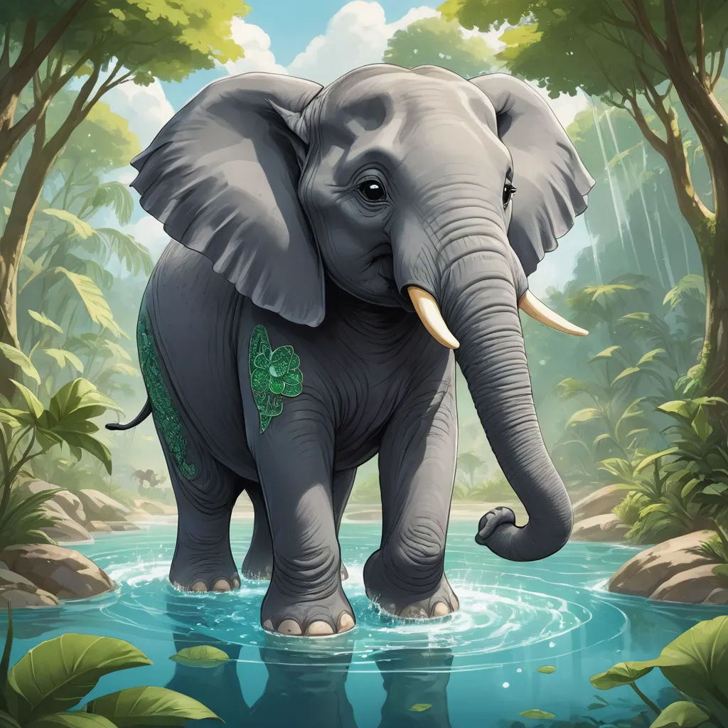 an elephant is standing in a pool of water with trees and rocks in the background and a blue sky, sumatraism, a digital painting, Chris LaBrooy, magic the gathering artwork