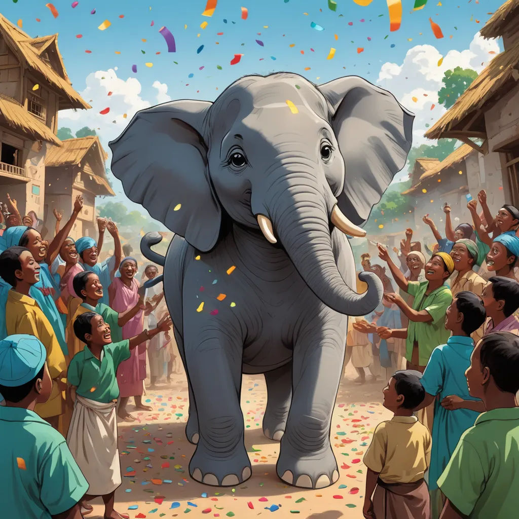 a large elephant standing in front of a crowd of people with confetti falling from their mouths and hands, sumatraism, a storybook illustration, Chris LaBrooy, storybook illustration
