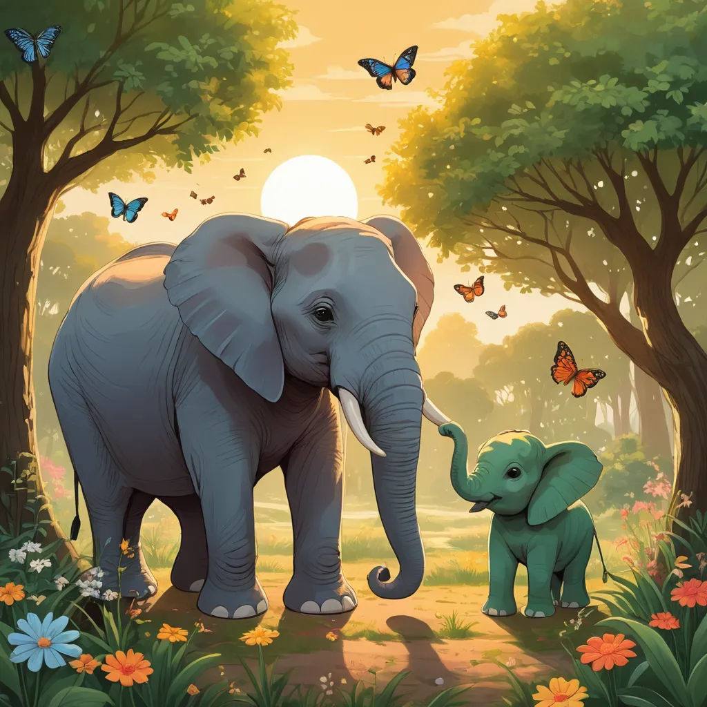 a baby elephant standing next to an adult elephant in a forest with butterflies flying around it and a sun setting behind it, magical realism, a storybook illustration, Chris LaBrooy, official art