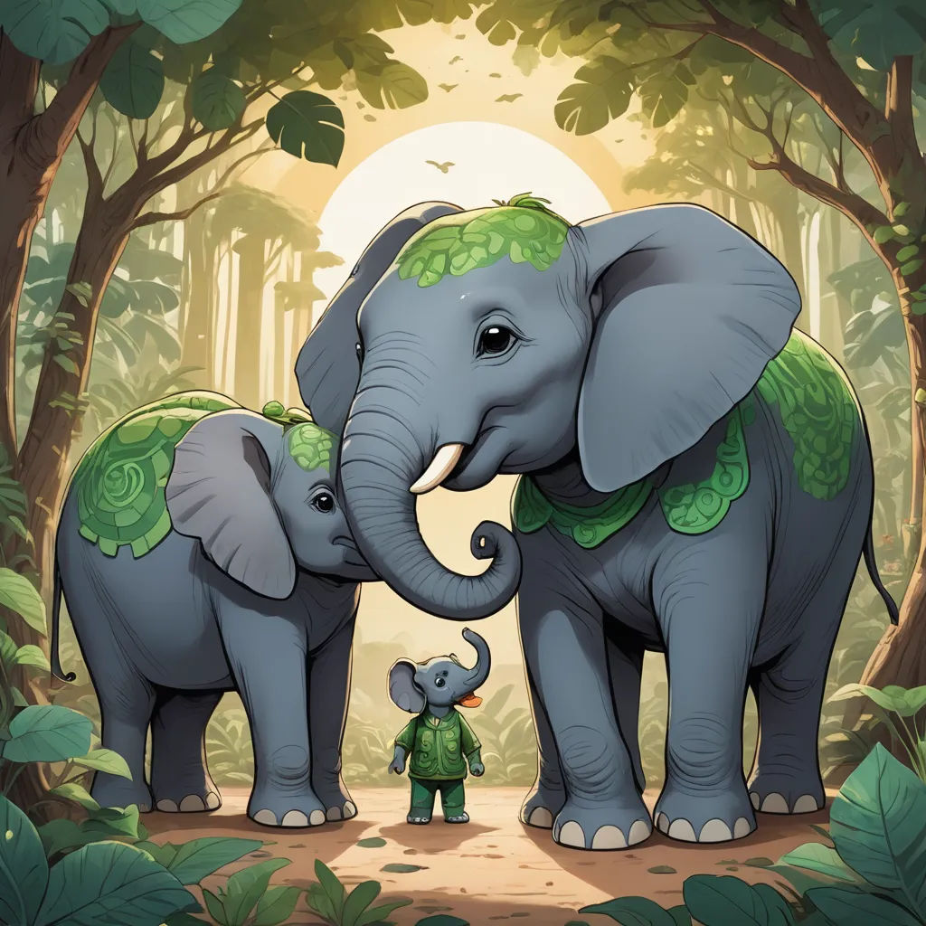 a couple of elephants standing next to each other in a forest with a man standing next to them and a baby elephant, sumatraism, a storybook illustration, Chris LaBrooy, official art