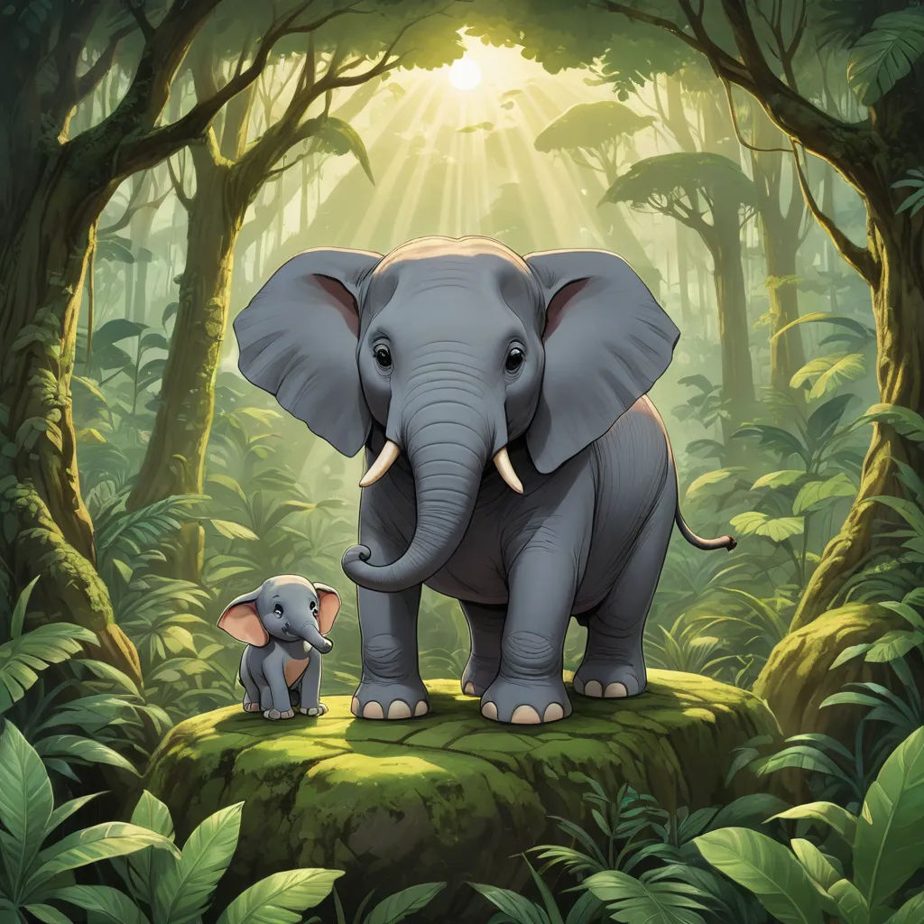a baby elephant standing next to an adult elephant in a forest with sunlight streaming through the trees and leaves, sumatraism, a storybook illustration, Chris LaBrooy, promotional image