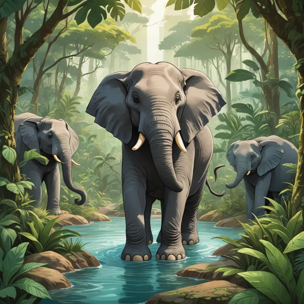 a painting of elephants in a jungle setting with a stream of water in front of them and trees in the background, sumatraism, a storybook illustration, Chris LaBrooy, jungle