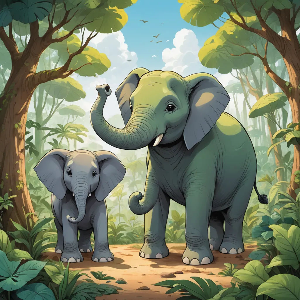 a couple of elephants standing in the middle of a forest with trees and bushes behind them, with a sky background, sumatraism, a storybook illustration, Chris LaBrooy, storybook illustration
