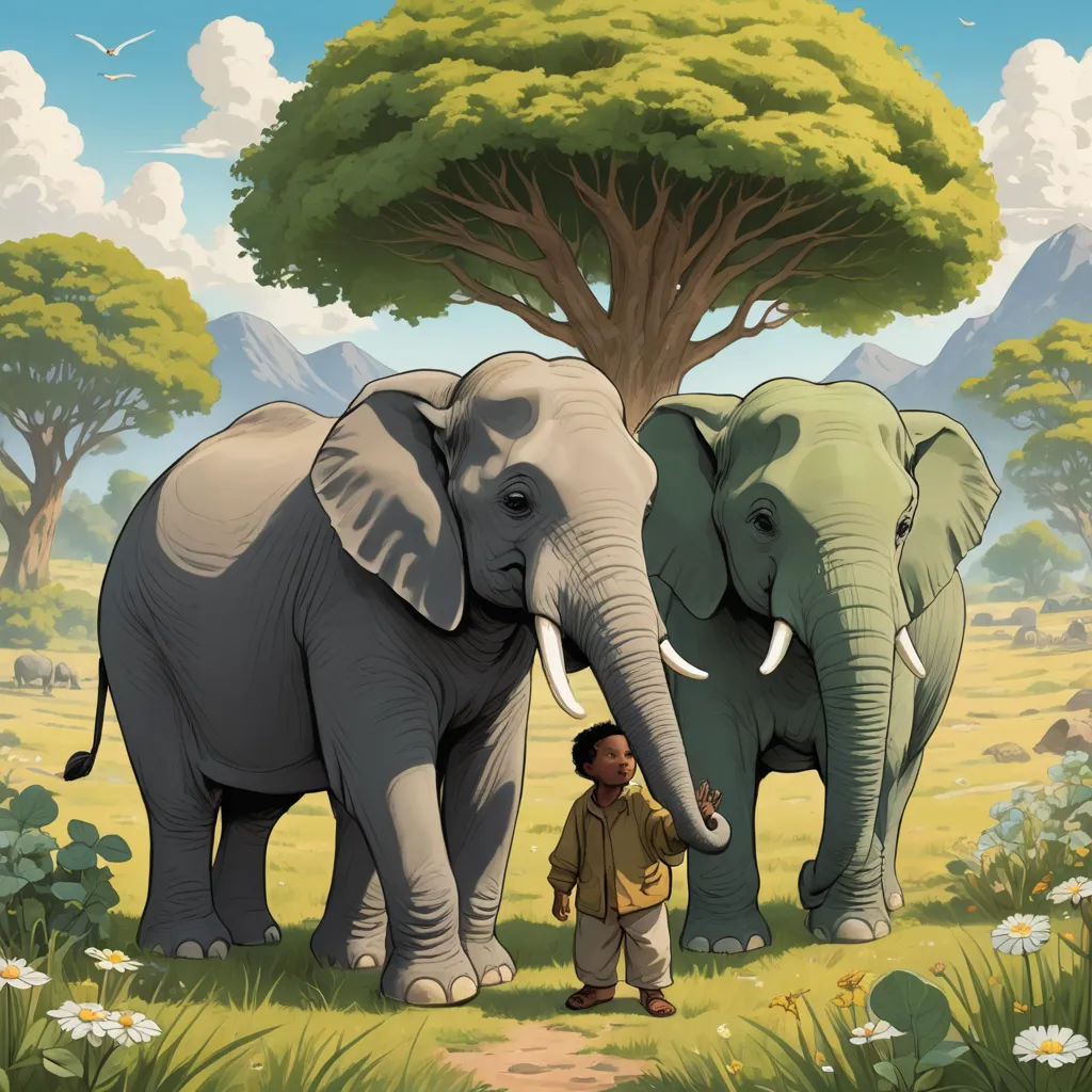 a man standing next to two elephants in a field with trees and flowers in the background, with a man standing next to them, magical realism, a storybook illustration, Chris LaBrooy, 2 d game art