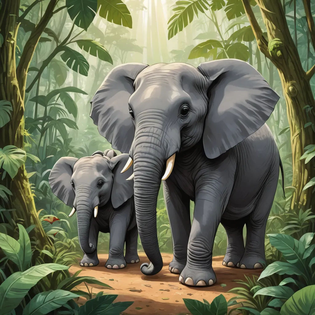 a couple of elephants walking through a jungle filled with trees and plants, with a baby elephant standing next to them, sumatraism, a storybook illustration, Amédée Ozenfant, highly detailed digital painting