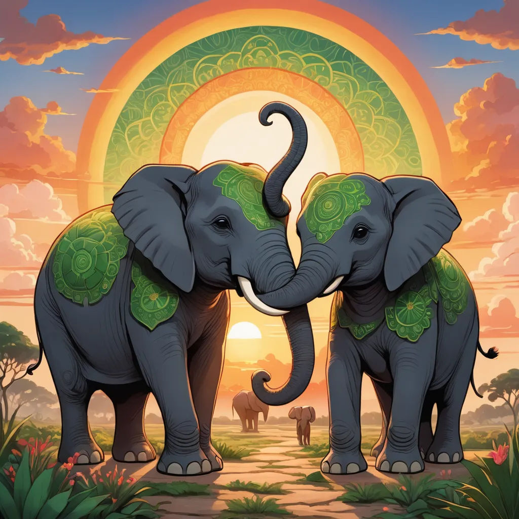 two elephants are standing in front of a sunset and a rainbow with elephants in the background, with a sky background, psychedelic art, a storybook illustration, Chris LaBrooy, josan gonzales and dan mumford