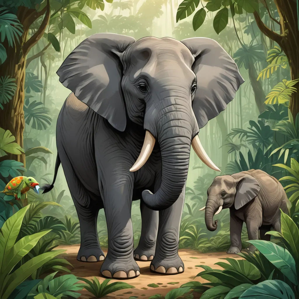 a large elephant and a small elephant in a jungle setting with birds flying around them and a bird on the ground, sumatraism, a storybook illustration, Amédée Ozenfant, jungle