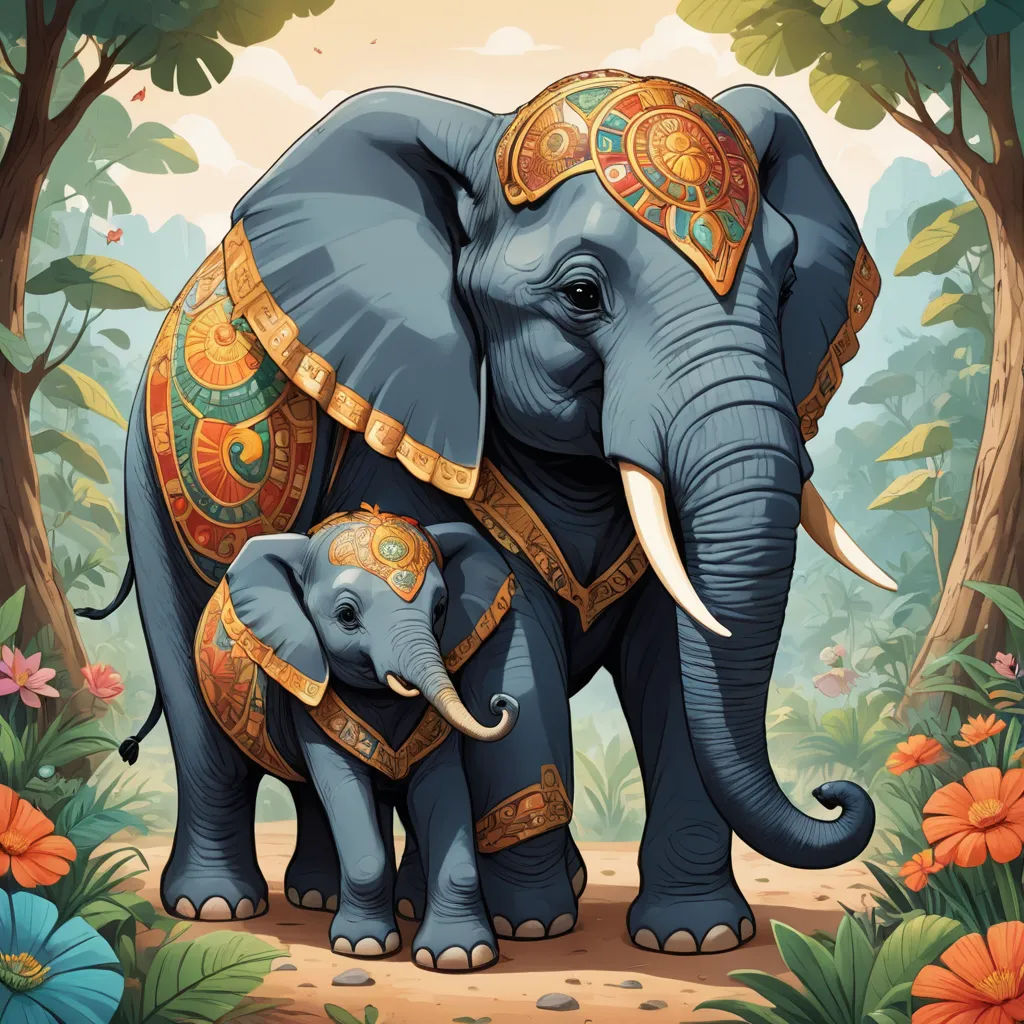 a painting of an elephant and its baby in a forest with flowers and trees in the background, with a gold and red design on its trunk, sumatraism, a storybook illustration, Chris LaBrooy, highly detailed digital painting
