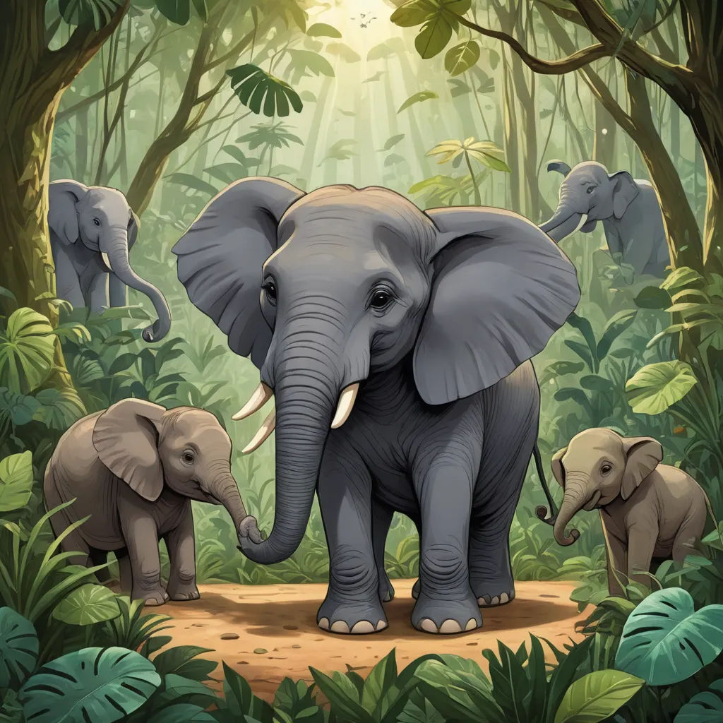 a group of elephants walking through a jungle with trees and plants around them, with a baby elephant standing between them, sumatraism, a storybook illustration, Chris LaBrooy, highly detailed digital painting
