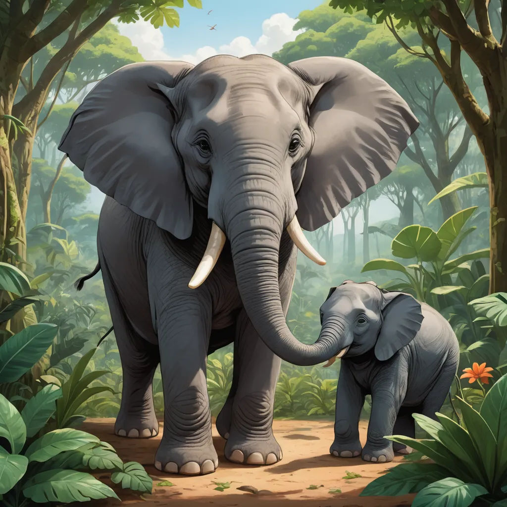 a couple of elephants standing in a forest with trees and flowers behind them and a baby elephant standing next to it, sumatraism, a storybook illustration, Chris LaBrooy, highly detailed digital painting