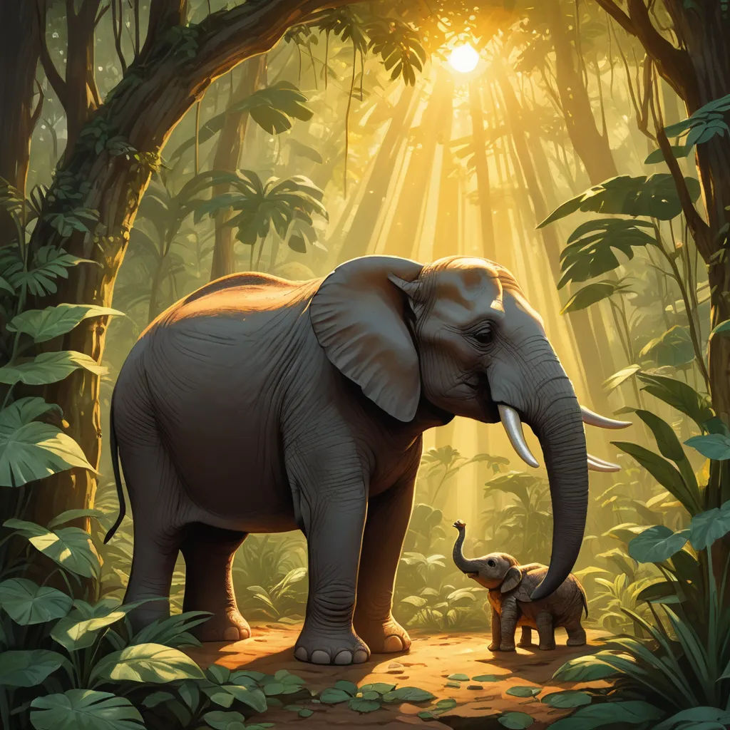 an elephant and its baby in a jungle setting with sunlight streaming through the trees and leaves on the ground, sumatraism, a storybook illustration, Chris LaBrooy, jungle
