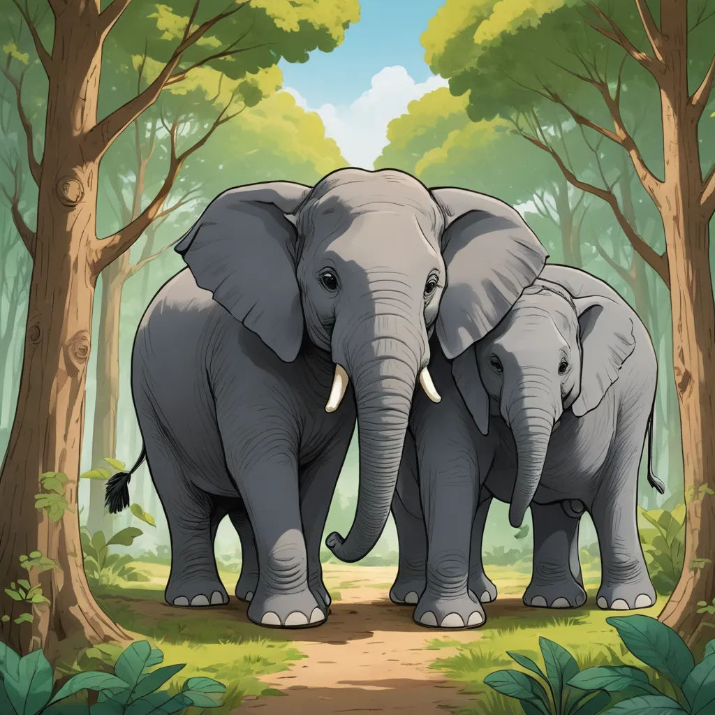 two elephants are standing in the middle of a forest path with trees and bushes on either side of them, sumatraism, a storybook illustration, Chris LaBrooy, storybook illustration