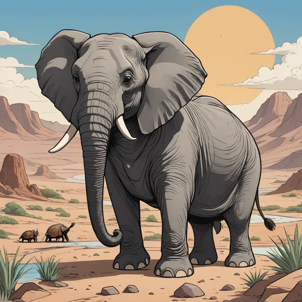 a cartoon elephant standing in the desert with other animals in the background and a sun setting in the sky, sumatraism, an illustration of, Amédée Ozenfant, detailed illustration