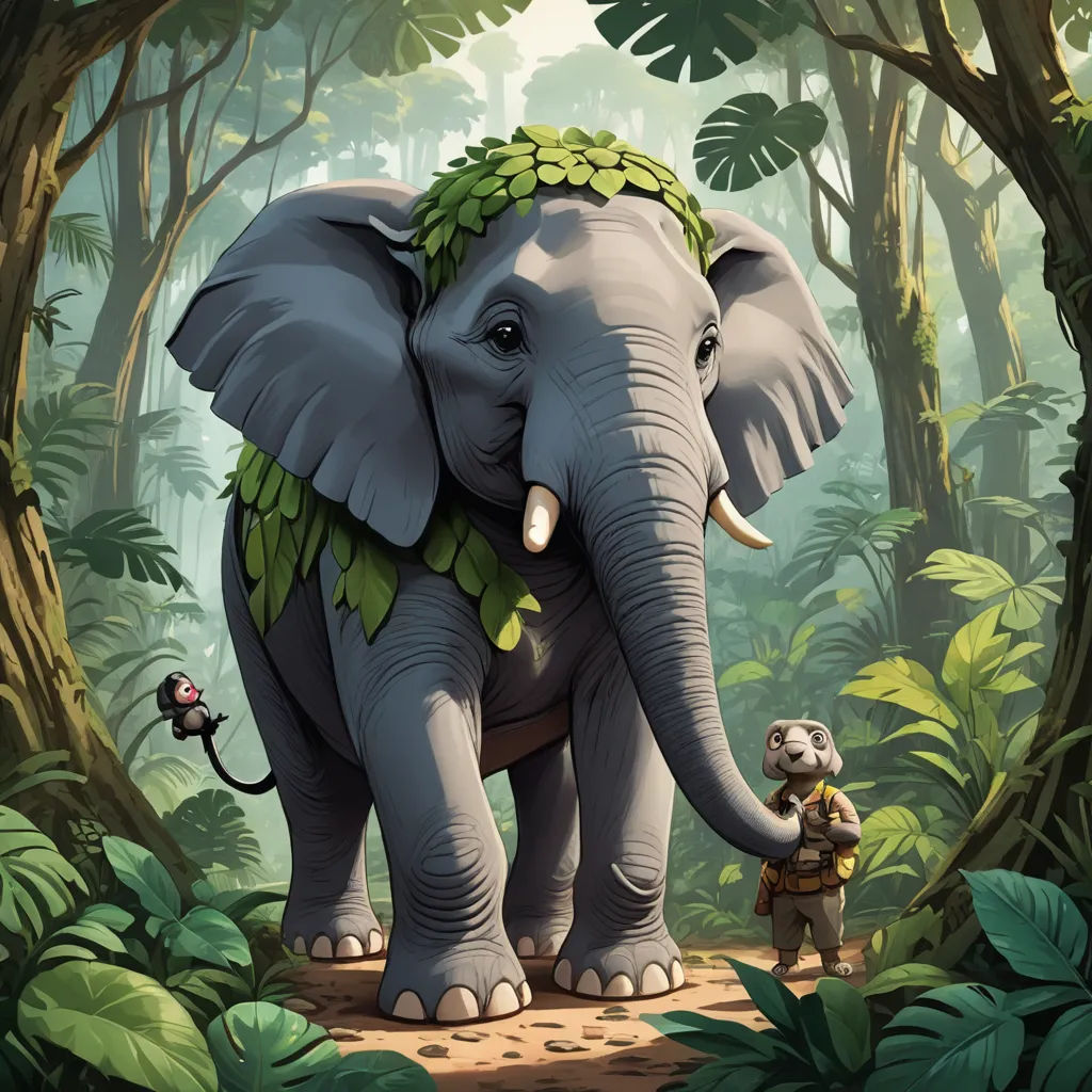 an elephant with a man standing next to it in the jungle with trees and plants around it, and a small elephant with a trunk on its back, sumatraism, a storybook illustration, Chris LaBrooy, storybook illustration
