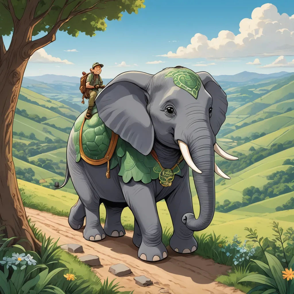 a man riding on the back of an elephant on a dirt road near a tree and a hill with green hills, fantasy art, a storybook illustration, Chris LaBrooy, storybook illustration