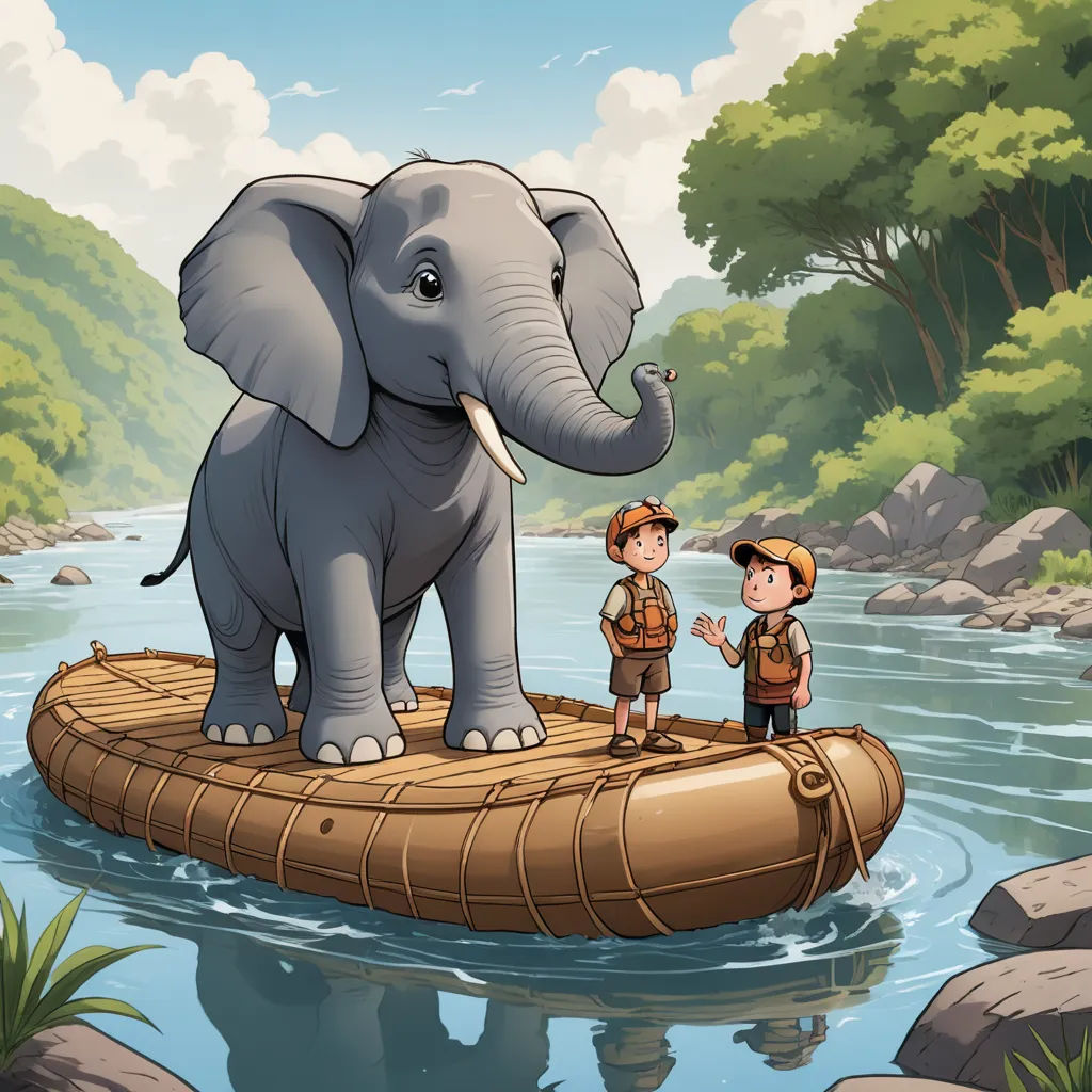 a boy and an elephant standing on a raft in a river with a man standing on it and another boy standing on the raft, sots art, a storybook illustration, Cliff Childs, storybook illustration