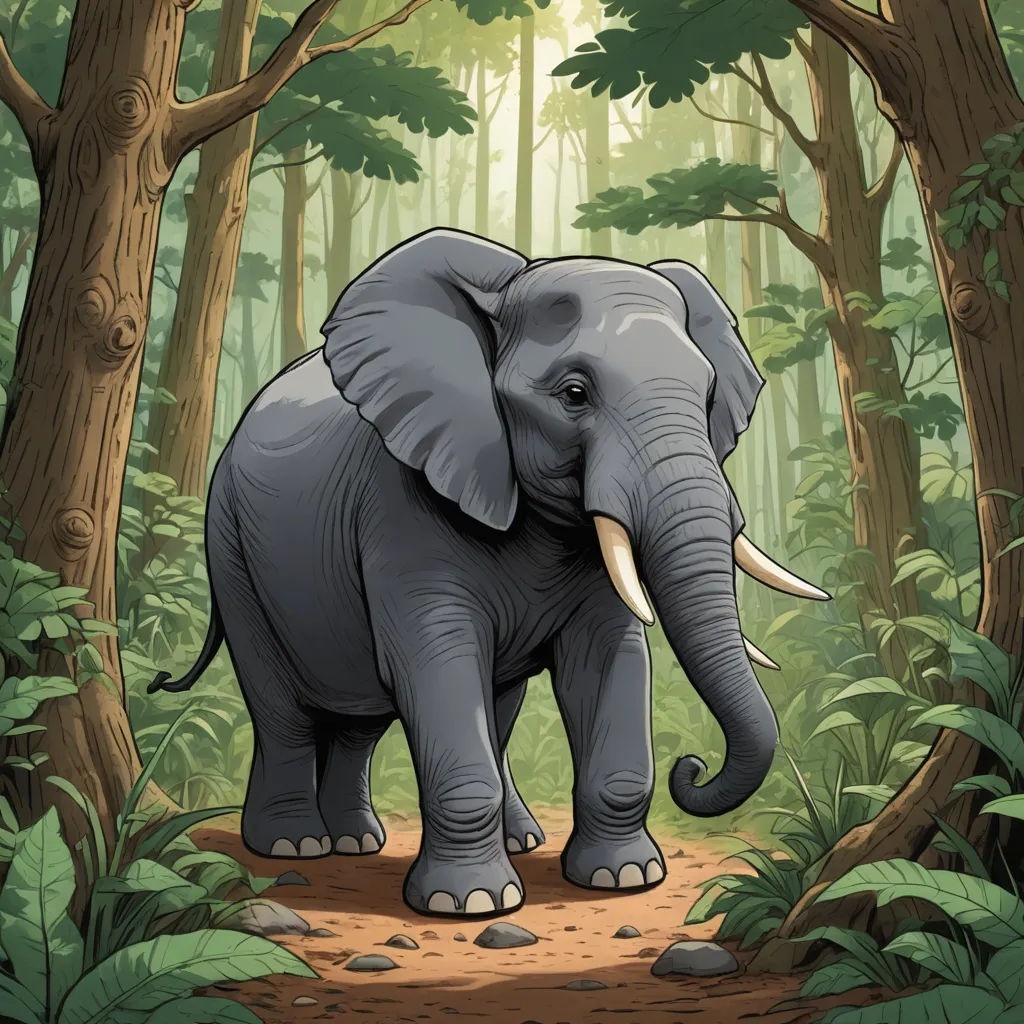 an elephant is walking through a forest with trees and rocks on the ground and a path leading to it, sumatraism, a storybook illustration, Chris LaBrooy, storybook illustration