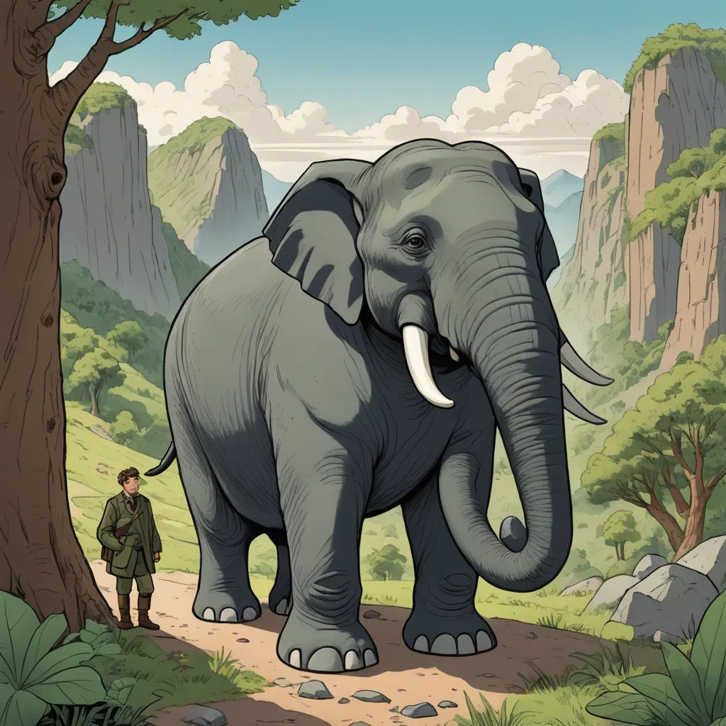 a man standing next to a large elephant in a forest with mountains in the background and a man standing next to it, fantastic realism, a storybook illustration, Diego Gisbert Llorens, storybook illustration