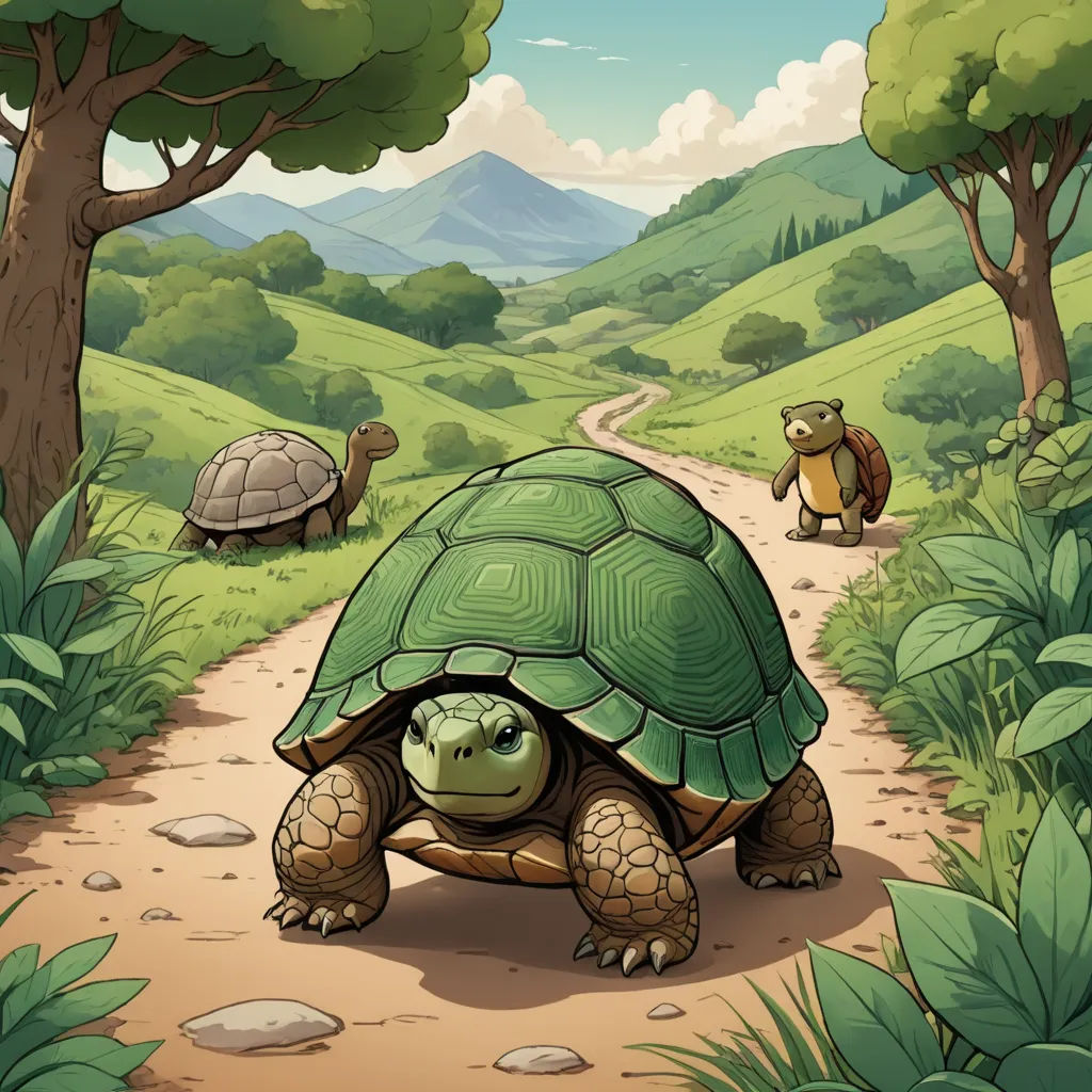 a cartoon turtle and a bear walking down a path in the woods with a mountain background and a path leading to the right, fantasy art, a storybook illustration, Chris LaBrooy, storybook illustration