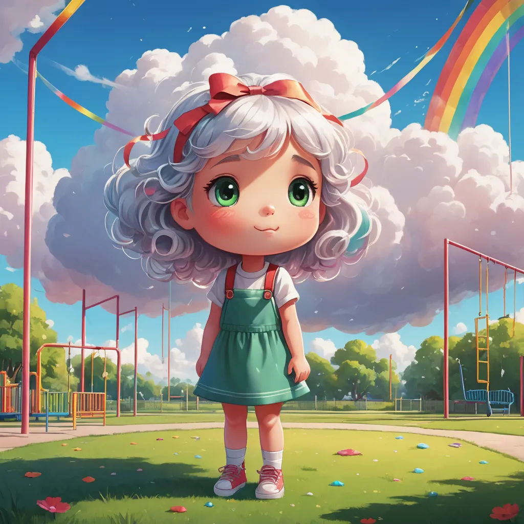 a girl standing in a park with a rainbow in the background and clouds in the sky above her,, pop surrealism, a detailed painting, Cyril Rolando, trending on art station