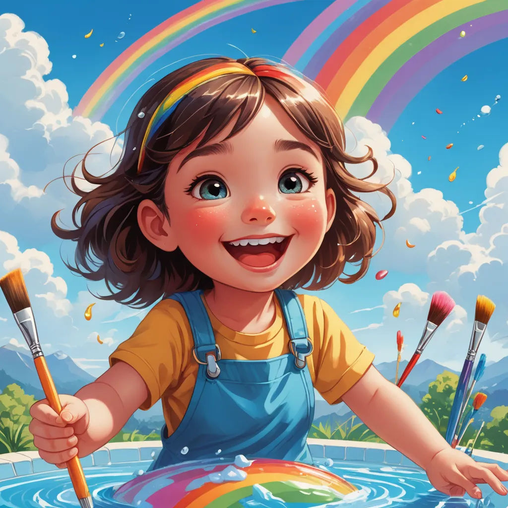 a painting of a girl holding a paintbrush and a rainbow in the background with clouds and a rainbow, fantasy art, an ultrafine detailed painting, Artgerm, rossdraws global illumination