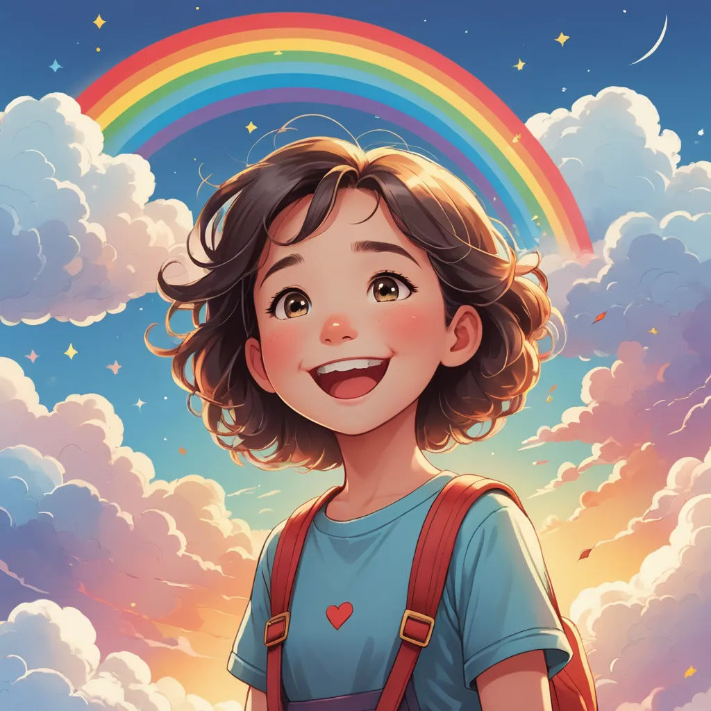 a girl with a backpack standing in front of a rainbow and clouds with a rainbow in the background and a rainbow in the sky, fantasy art, a storybook illustration, Cyril Rolando, trending on art station
