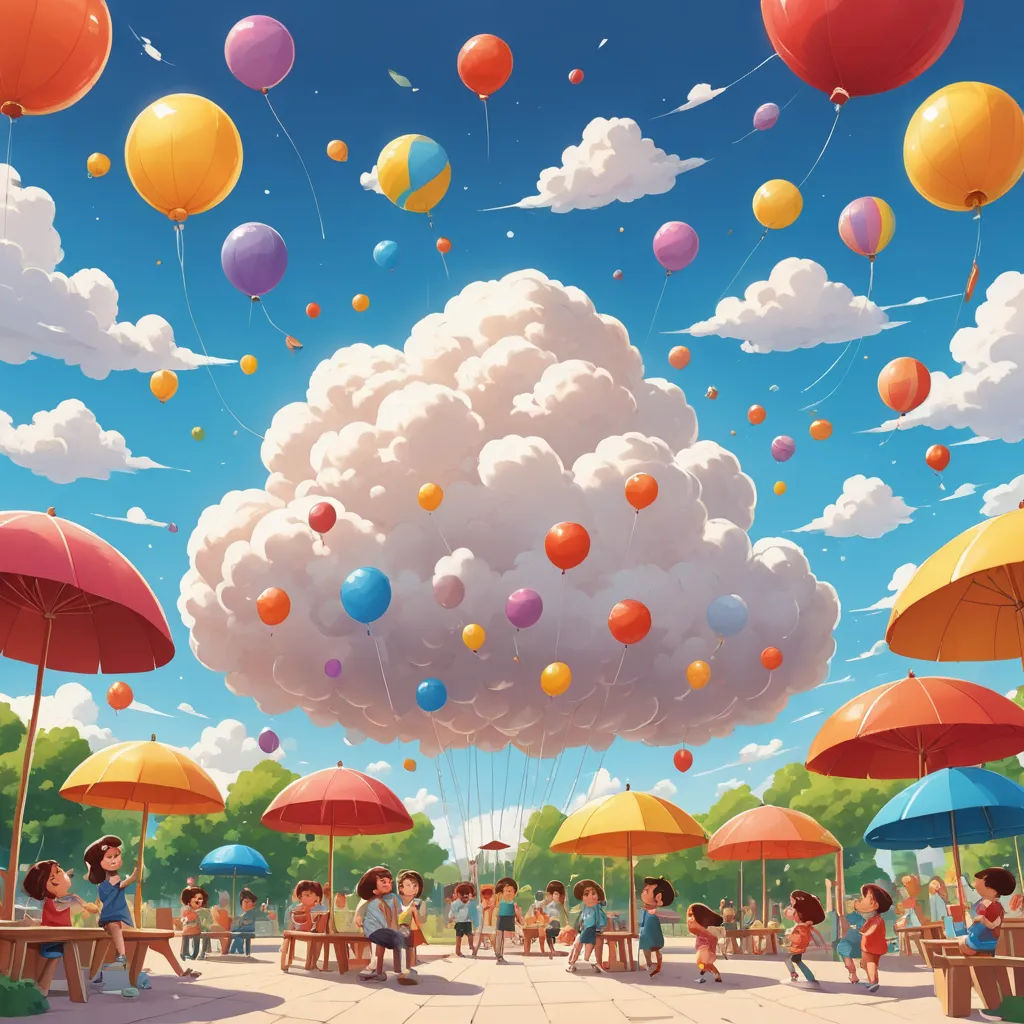 a group of people sitting under umbrellas under a cloud filled with balloons in a park with a sky full of clouds, pop surrealism, an ultrafine detailed painting, Chris LaBrooy, rossdraws global illumination