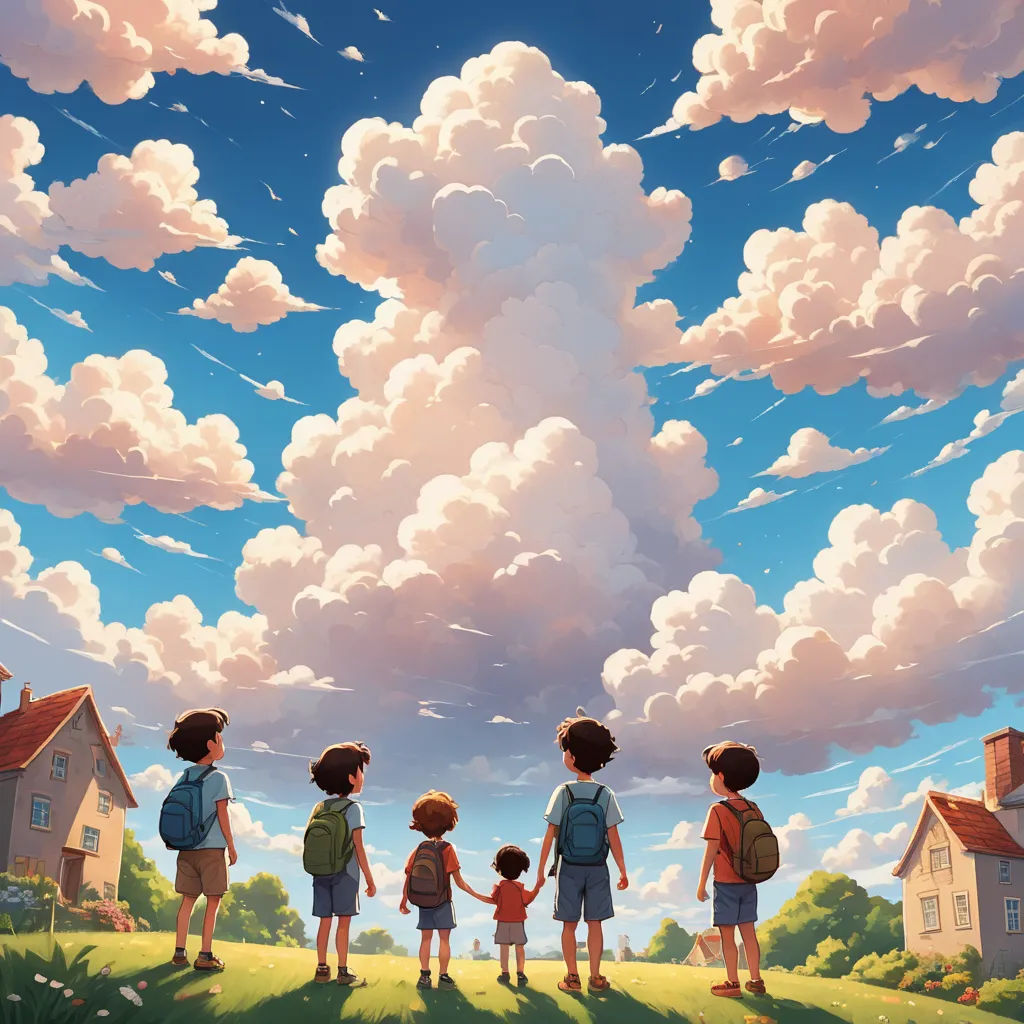 a group of children standing in a field under a cloudy sky with a house in the background and a blue sky with white clouds, american scene painting, a storybook illustration, Atey Ghailan, storybook illustration