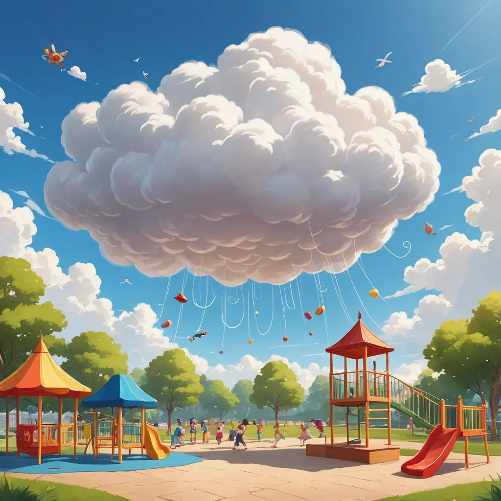 a painting of a playground with a cloud in the sky above it and a playground with a slide and a play ground, american scene painting, an ultrafine detailed painting, Cyril Rolando, highly detailed digital painting