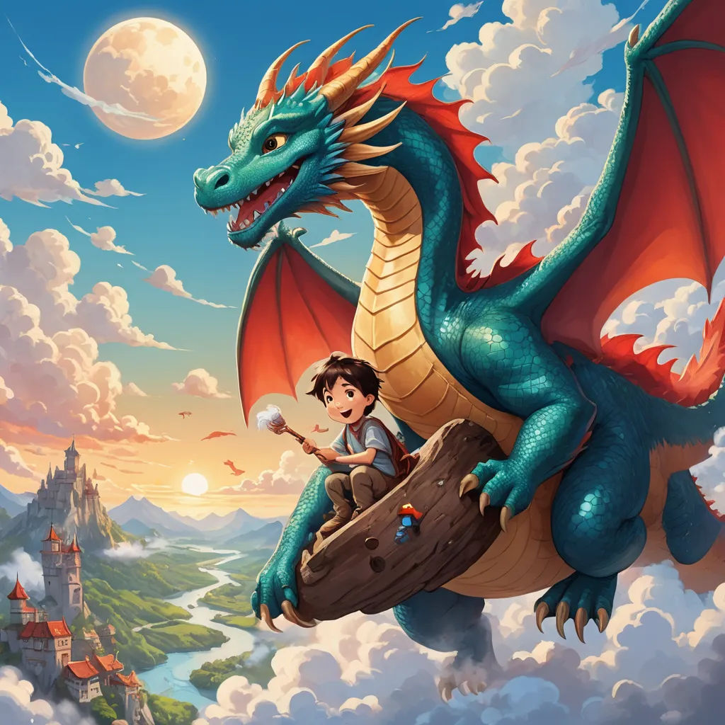 a boy riding a dragon on a log in the sky with a castle in the background and a full moon in the sky, fantasy art, a storybook illustration, Aaron Jasinski, dragon art