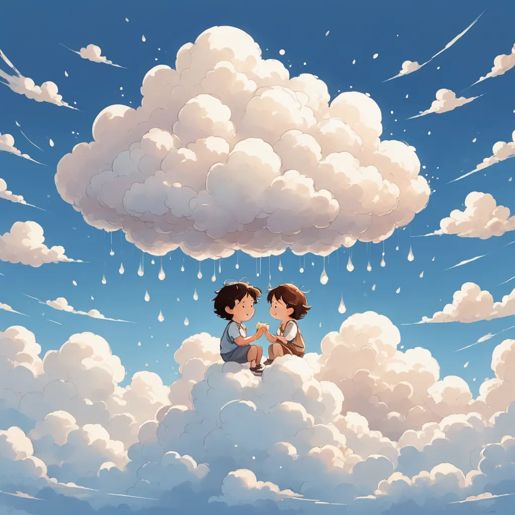 two people sitting on a cloud with a sky background and rain falling down on them, and a cloud shaped like a heart, fantasy art, a storybook illustration, Cyril Rolando, clouds