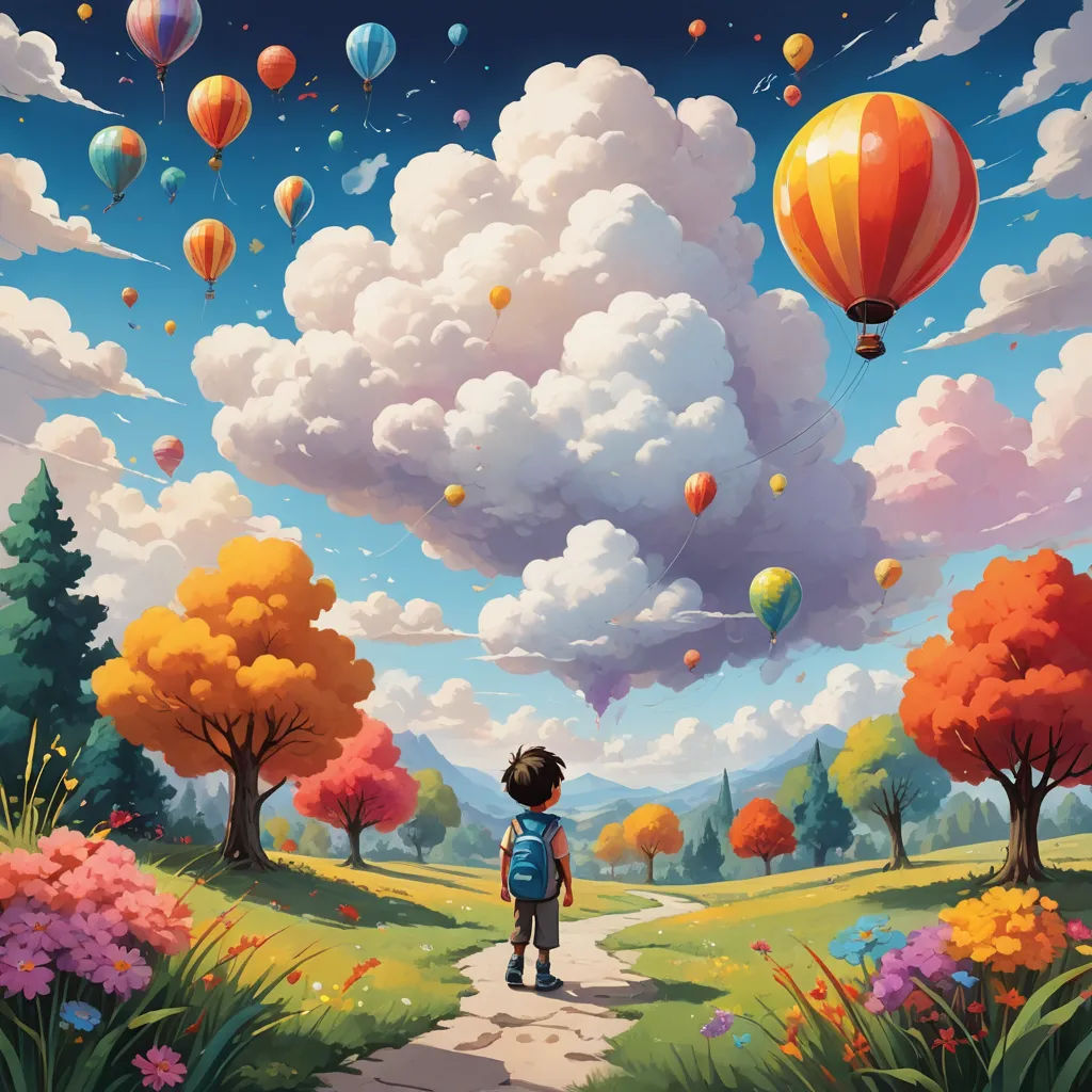 a painting of a person standing on a path with balloons flying in the sky above them and a field with flowers and trees, fantasy art, a storybook illustration, Chris LaBrooy, highly detailed digital painting