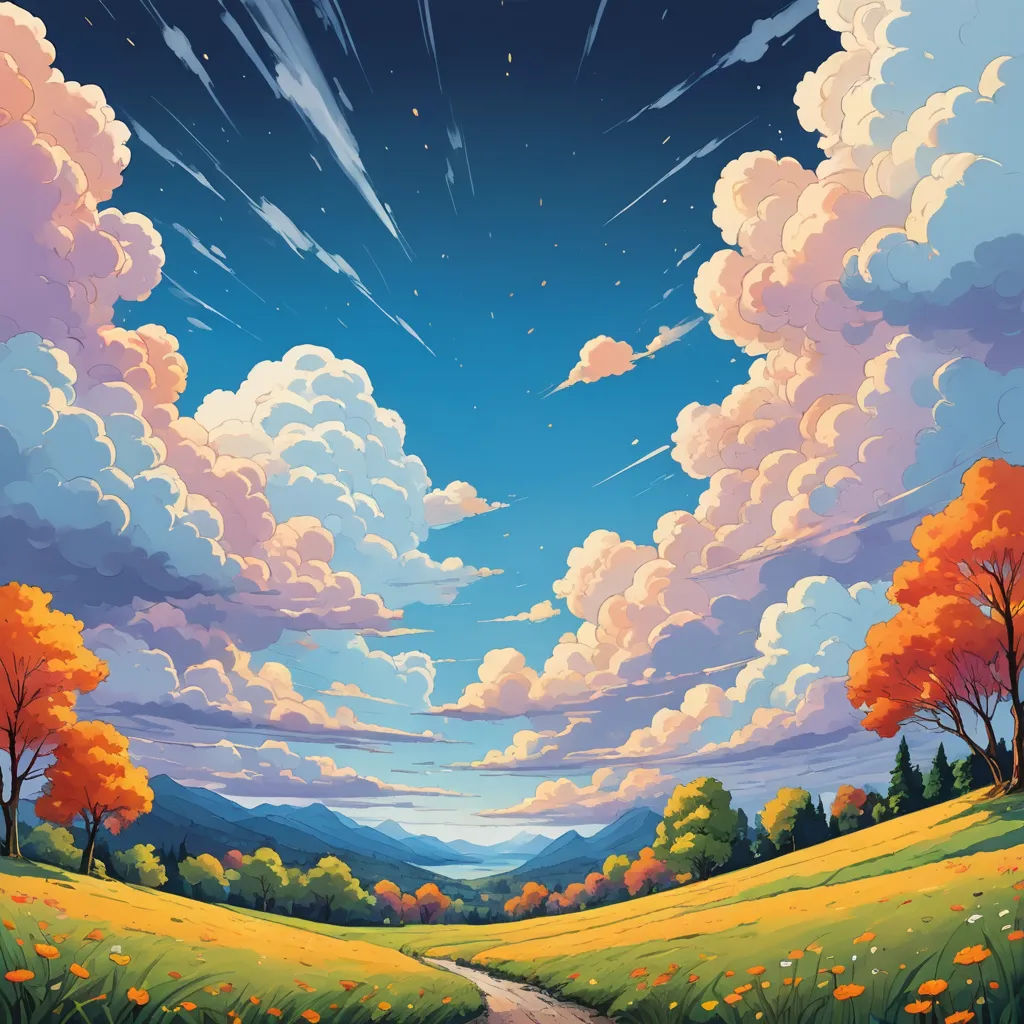 a painting of a road going through a field with trees and flowers in the foreground and a sky with clouds, american scene painting, a painting, Dan Mumford, sky