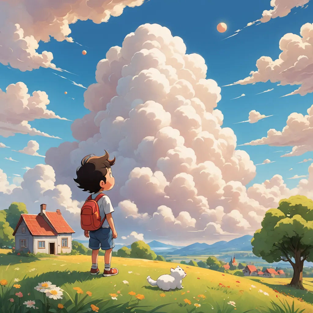 a boy standing on a hill looking at a house and clouds in the sky above him, with a dog nearby, space art, a storybook illustration, Atey Ghailan, ghibli