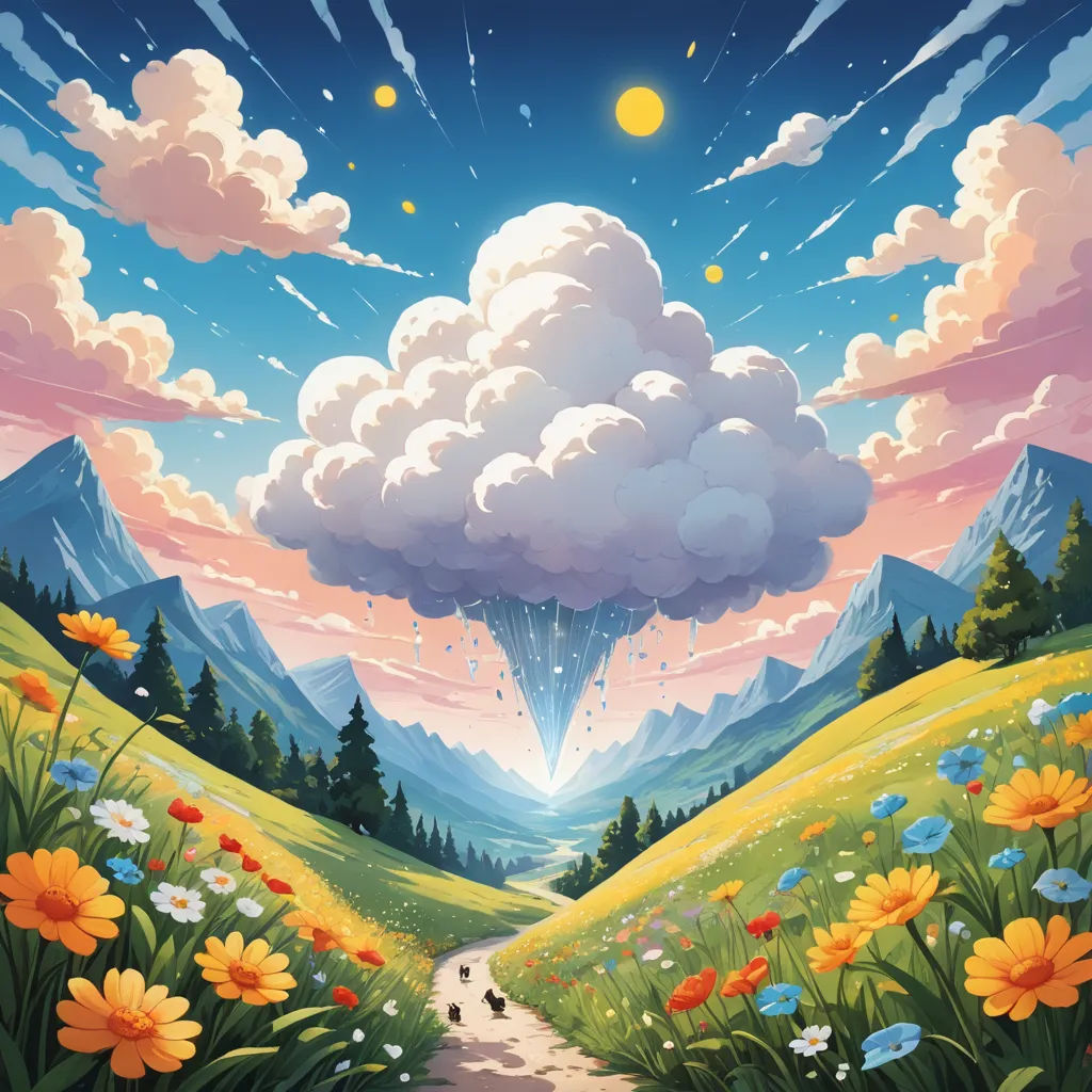 a painting of a landscape with a path leading to a mountain range and a cloud in the sky above, fantasy art, an ultrafine detailed painting, Chris LaBrooy, rossdraws global illumination