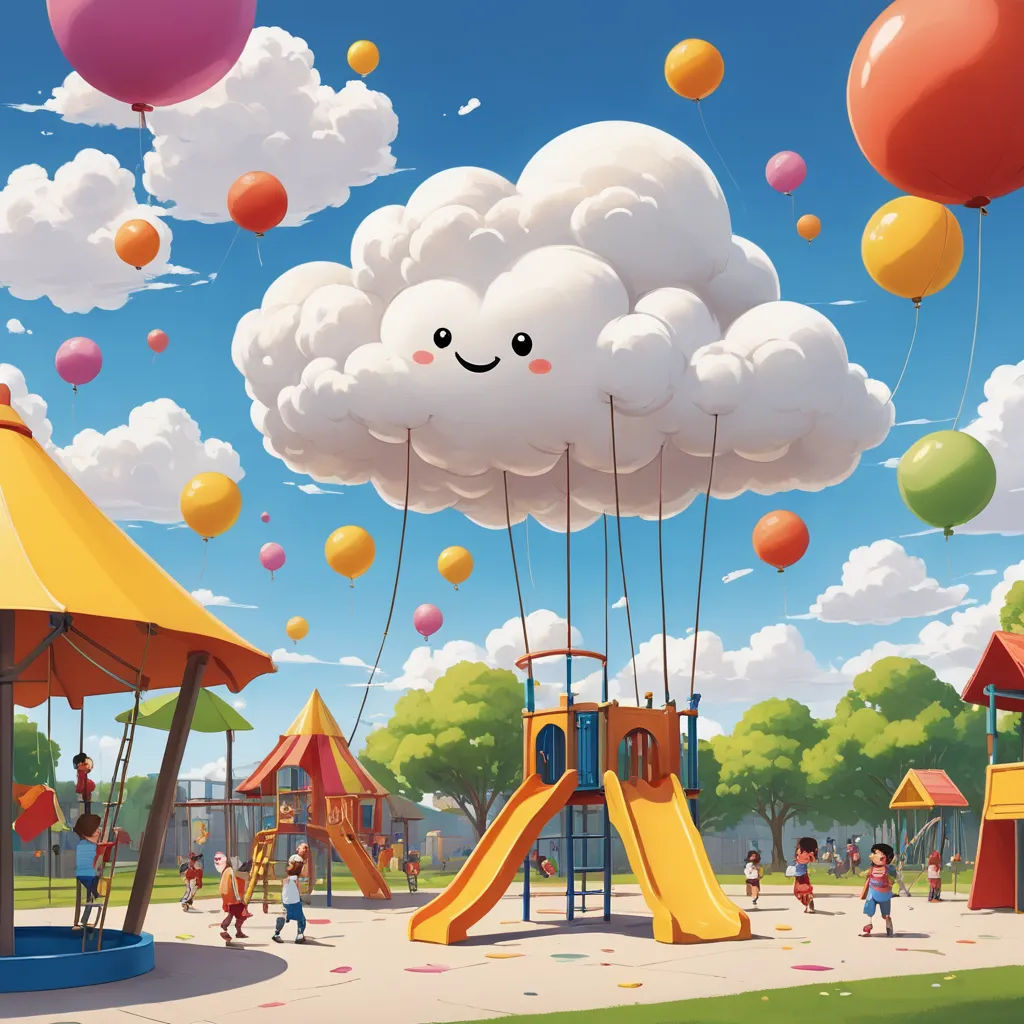 a playground with a cloud shaped like a face and a bunch of balloons floating above it and a playground with a yellow slide, american scene painting, a detailed matte painting, Chris LaBrooy, colorful clouds